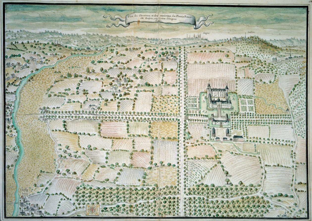 Chateaux de la Loire: “” Plessis Bourre şatosunun görünümü”” Fransız okulunun sulu boyası. 1699 Paris, B.N. by French School