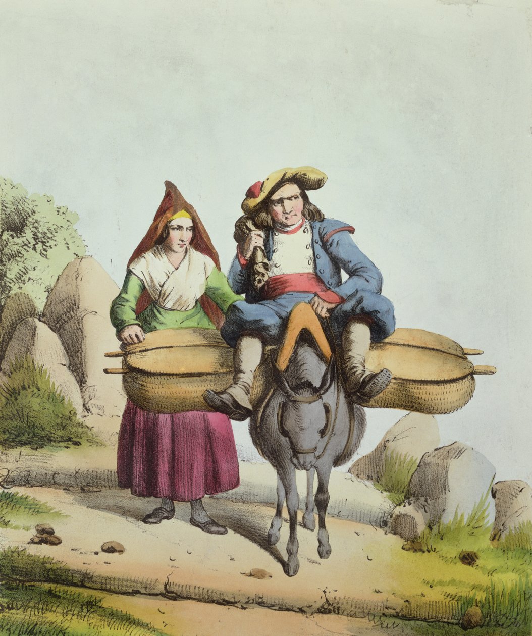 Tarbes bölgesinden peynir satıcıları, 1840 dolayları (renkli gravür) by French School