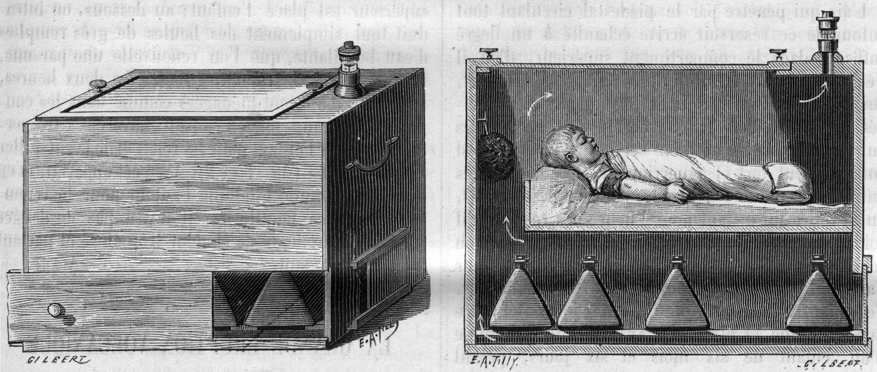 Çocuk kuvözü Dr. Alfred Auvard (1855-1940), doğumhanede kullanılan aparata göre, solda, dıştan görünüş, sağda iç görünüş. “La Nature. Revue des sciences et de ses uygulamaları aux arts et à l