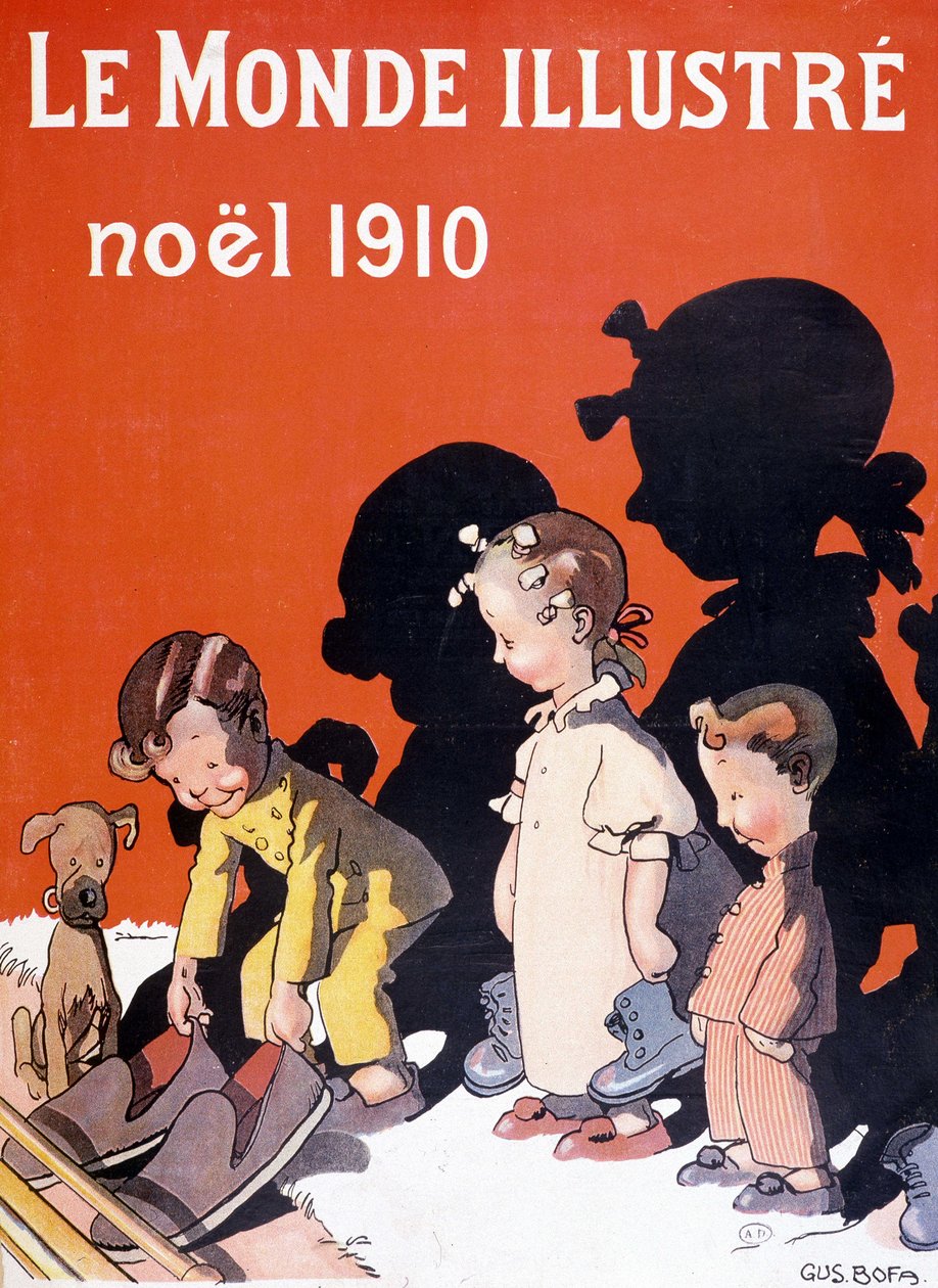 Noel Baba için ayakkabılarını şöminenin önüne bırakan çocuklar - “” Le Monde Ilustré”de by French School