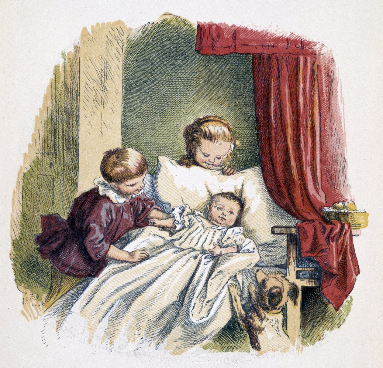 “” Schnick, schnack, küçükler için önemsiz şeyler”, çocuk oyunlarında oyuncak bebek oynayan çocuklar. ed. Londra- Georges Ronthedge ve oğulları. New York, Geniş yol Ludgate n.d. C. 1890. by French School