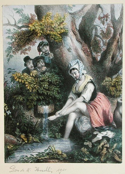 Derede ayaklarını yıkayan genç bir kızı gözetleyen çocuklar. C. 1840 (renkli taş) by French School