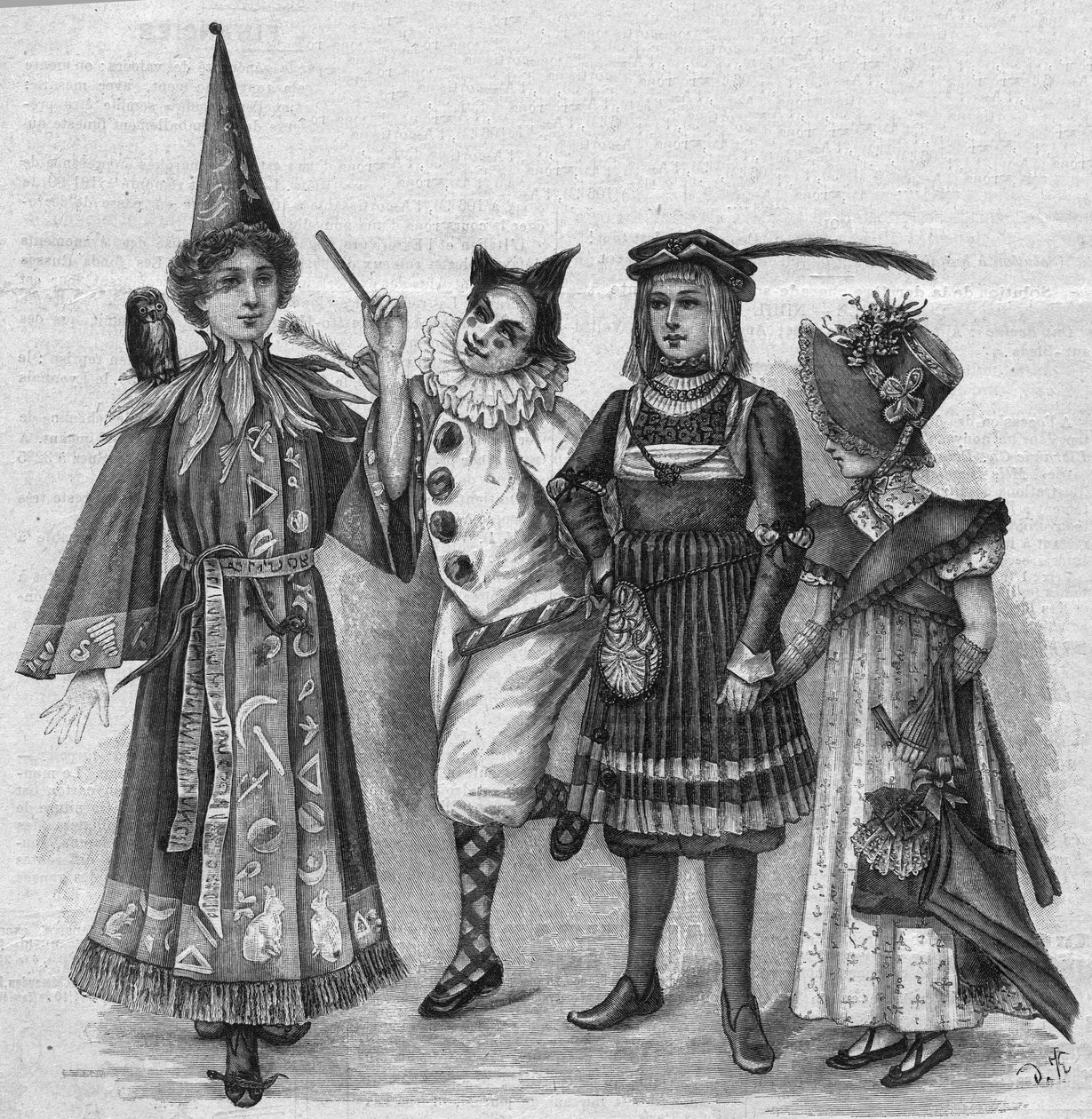 Çocuk giyimi: cadı kostümleri, palyaço, sayfa ve “İmparatorluk”. 23 Ocak 1896 tarihli “La gazette du dimanche” de gravür. by French School