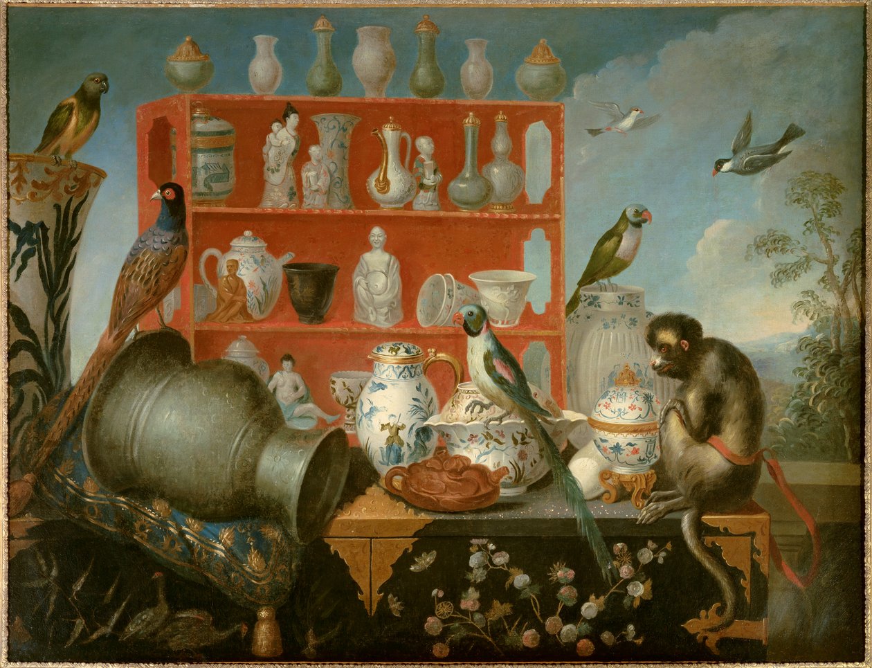 Chinoiserie en trompe l'oeil. Porselen tabaklar, maymun ve kuşlar ile natürmort. 18. yüzyılın anonim Fransız resmi. Paris, Dekoratif Sanatlar - Chinoiserie “” en trompe l'oeil””. Porselen tabaklar, maymunlar ve kuşlar ile natürmort. anonim İngilizc by French School