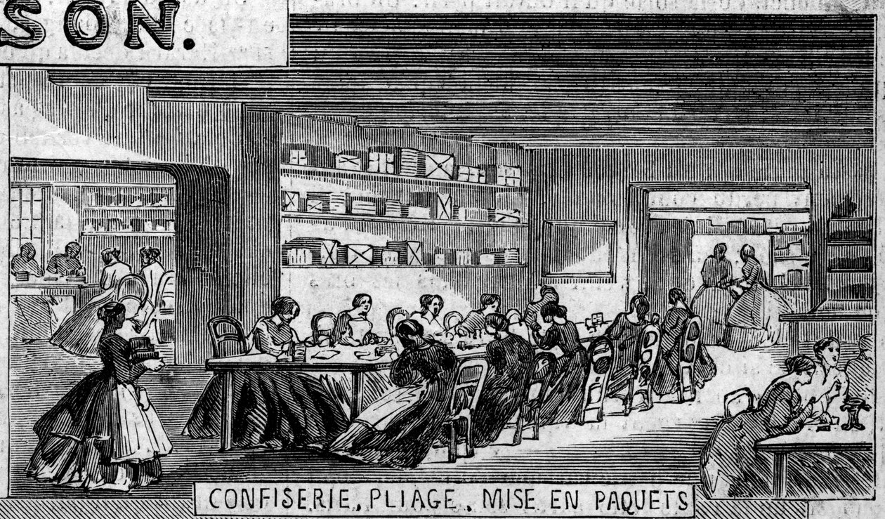 Çikolata üretimi: çikolatalı şekerleme, katlama atölyesi ve paketleme. Usine de M. Masson, Paris by French School