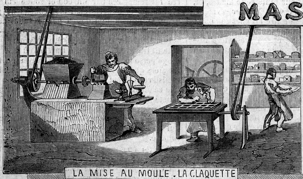 Çikolata üretimi: tartım ve kalıp, musluk. Usine de M. Masson, Paris by French School