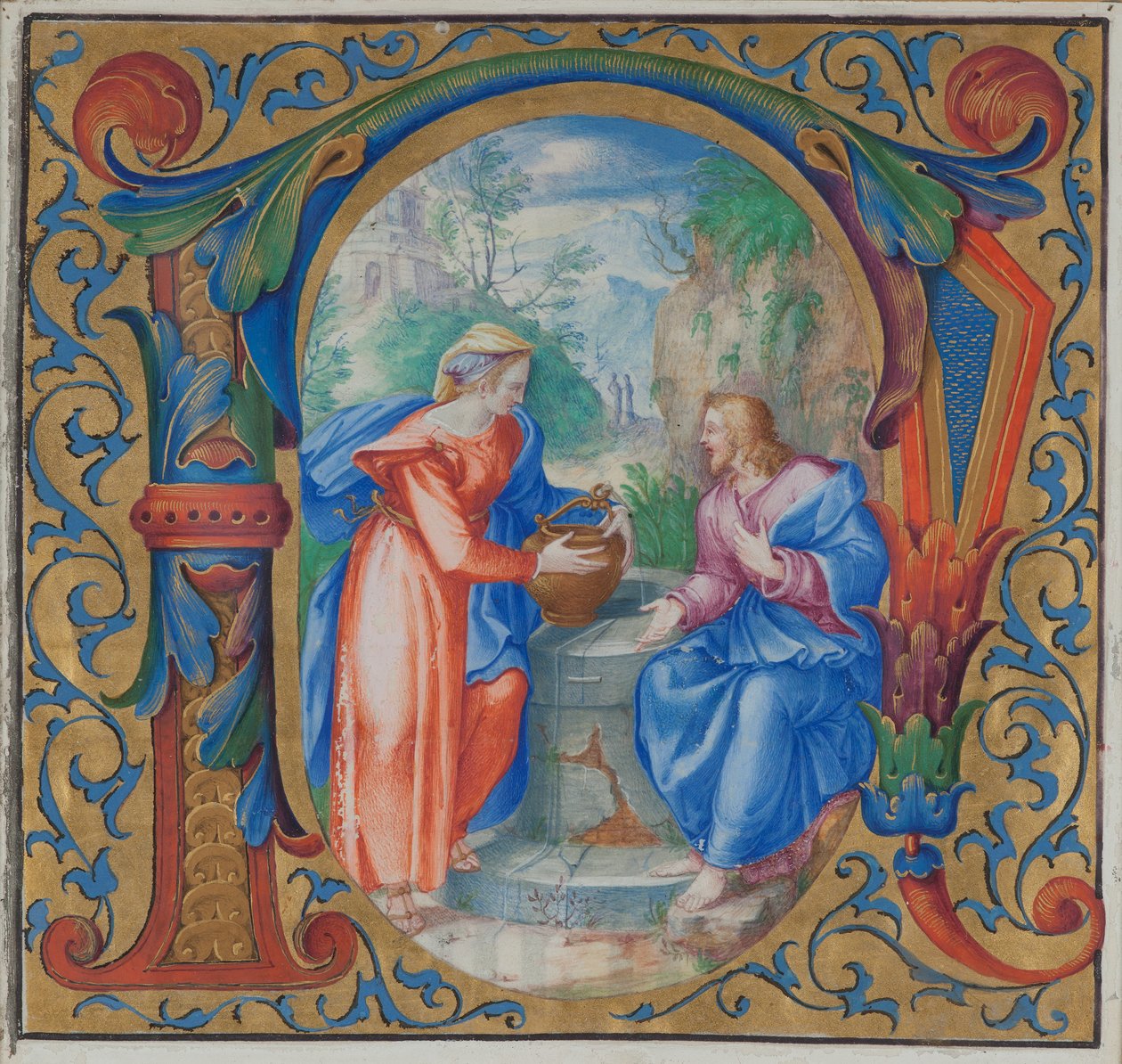 İsa ve Kuyudaki Samiriyeli Kadın (tempera on parşömen) by French School