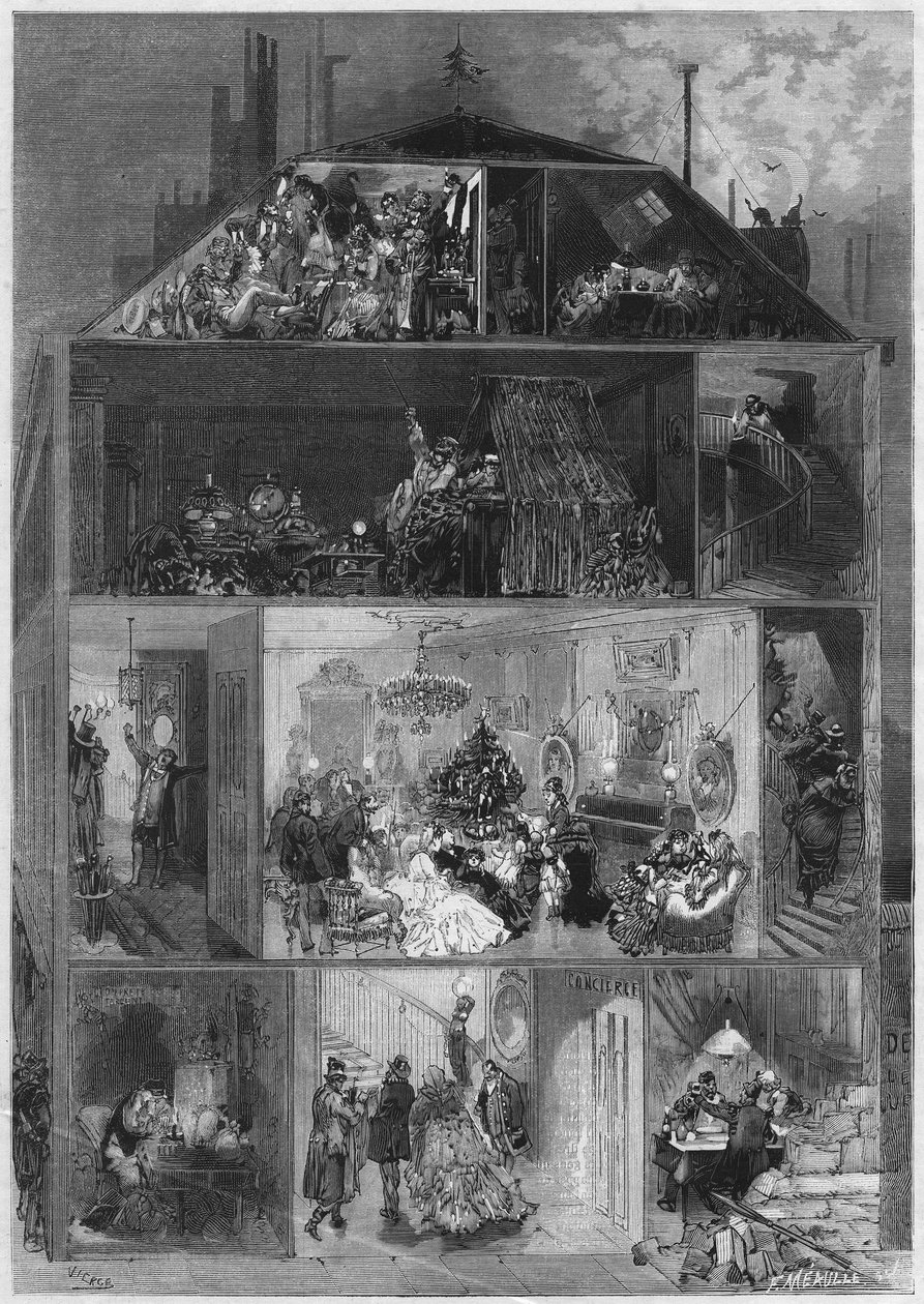 Noel Arifesi: Yeni Yıl Arifesini kutlamanın farklı yollarını sunan bir Paris binasının kesiti. 19 Ekim 1872 tarihli “Le Monde Illustré” n°810
