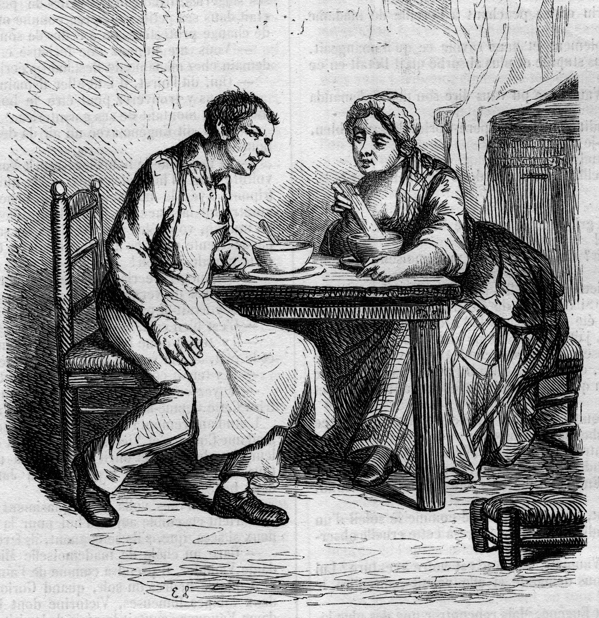 Christophe ve şişman Sylvie: kahvaltı yapan hizmetçiler. 19. yüzyılın ortalarında gravür. Honore de Balzac