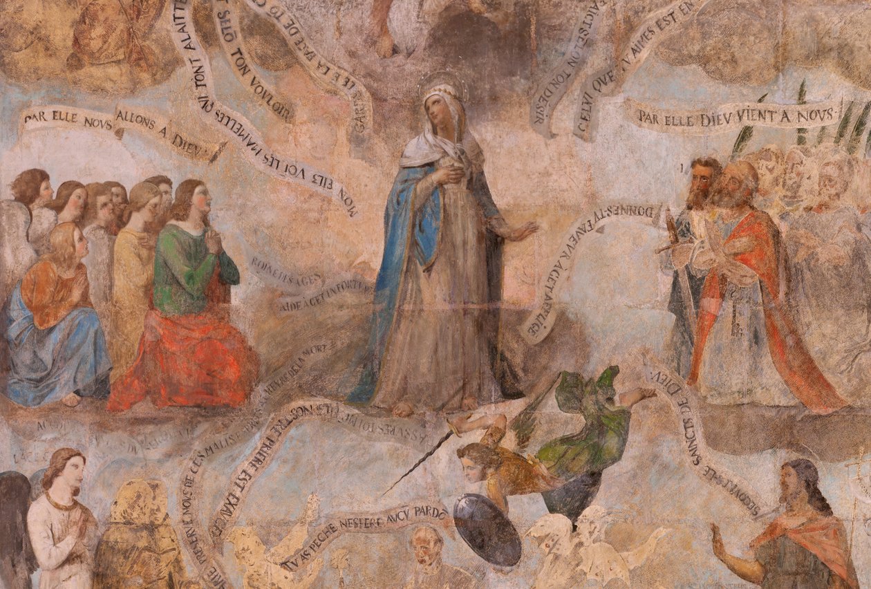 Kilise (Vaftizci Yahya Kilisesi). İç mekan. Şapel Saint-Fursy. Duvar resimleri. Meryem'in yüceltilmesi (iyi ölüm olarak bilinen fresk). 17. yüzyıla başlayın. by French School
