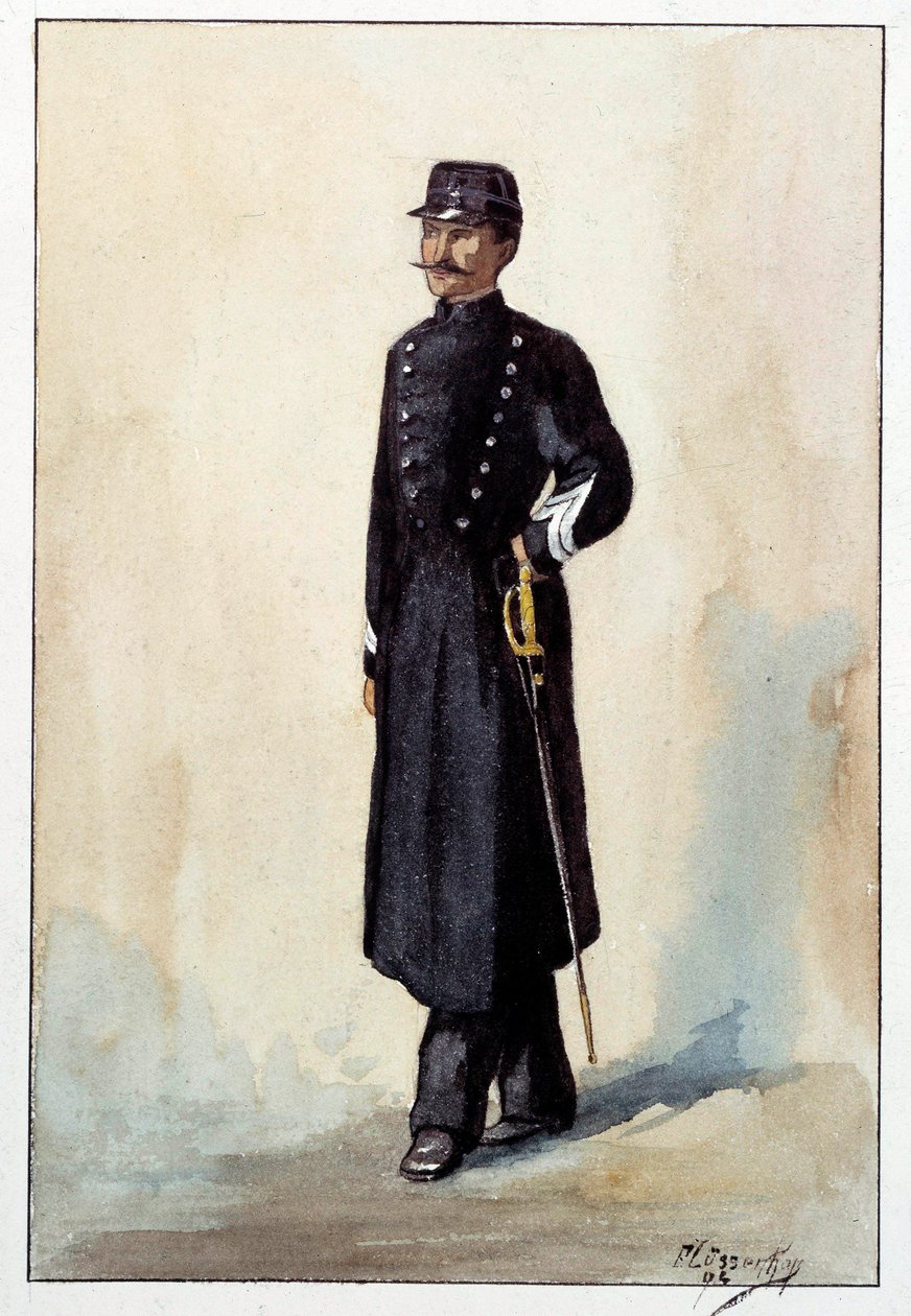 İkinci Cumhuriyet altında Şehir Çavuş Polis üniforması. 1870 civarında suluboya by French School