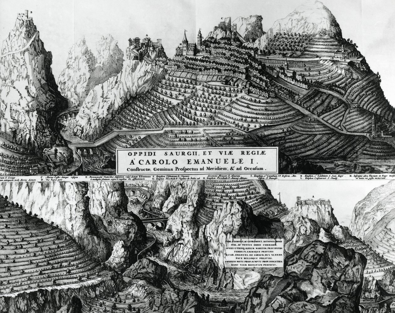 Saorge şehri, Fransa, Savoy yönetimi altında, gravür by French School