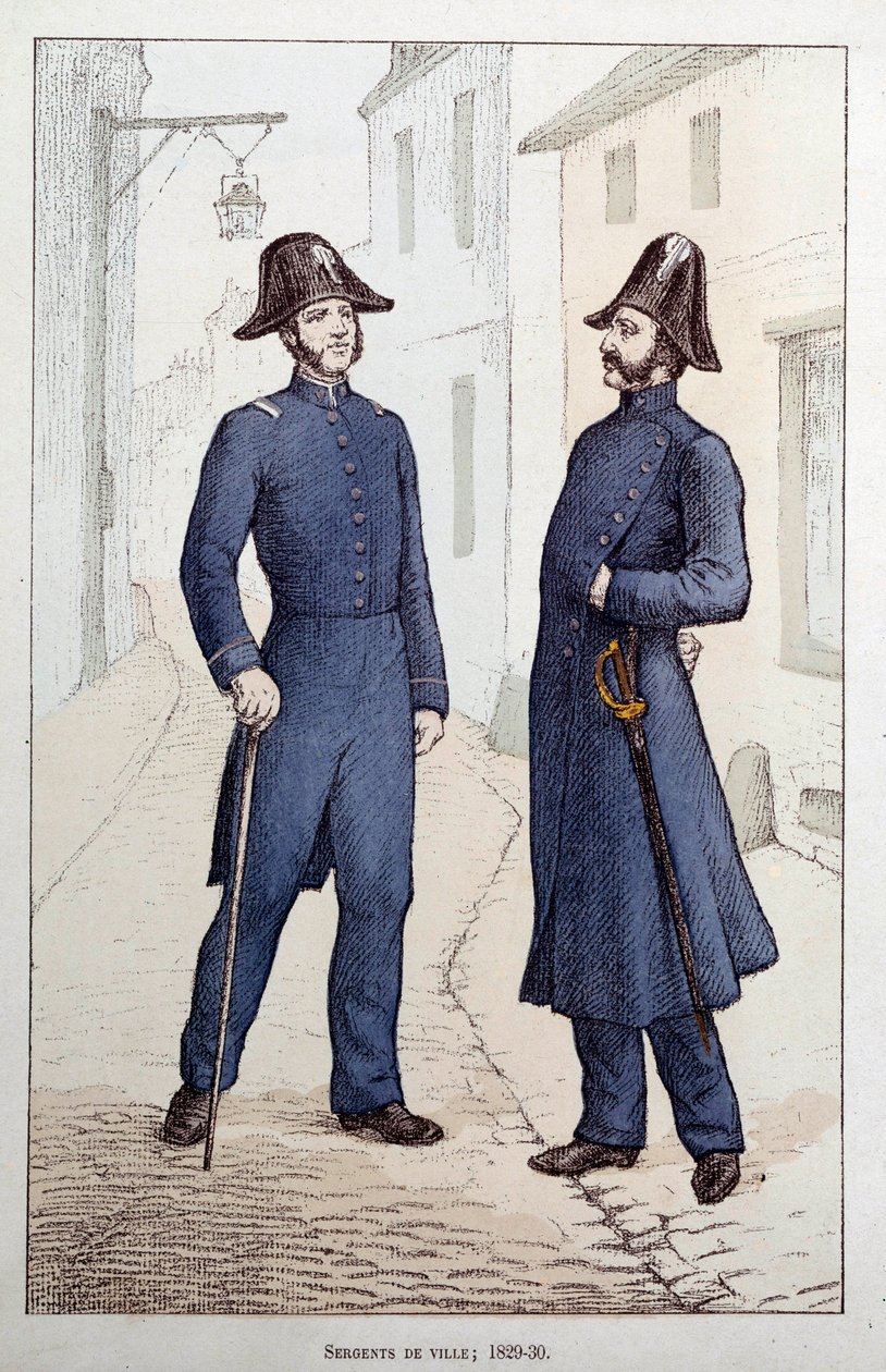 Şehir çavuşları. İki kolluk görevlisi konuşuyor. 1829-1830 Eyalet Polisi, Paris civarında litografi by French School