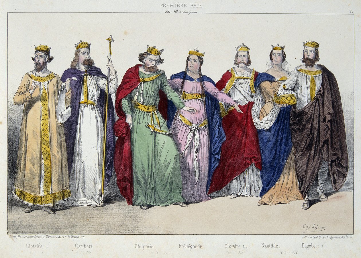 Clotaire (Clothaire) I, Caribert, Chilperic, Fredegonde, Clotaire II, Nantilde, Dagobert I - “La monarşi francaise en estampes” içinde ” by French School