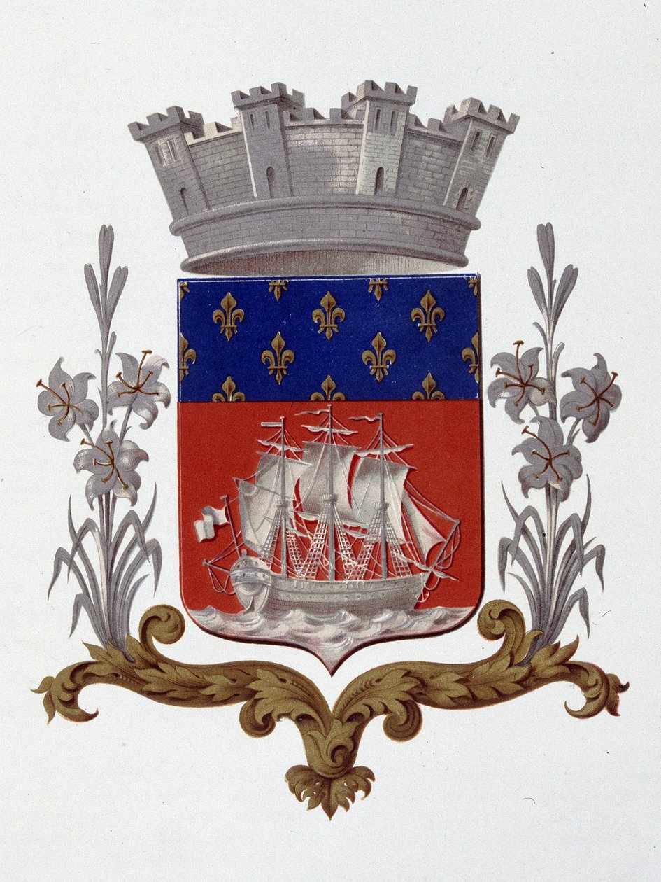 Paris Şehri arması: Royalty (Louis XVIII ve Charles X) - 20 Aralık 1917 tarihli Mektuplar Patent - “Armorial National de France””, H. Traversier, Paris by French School