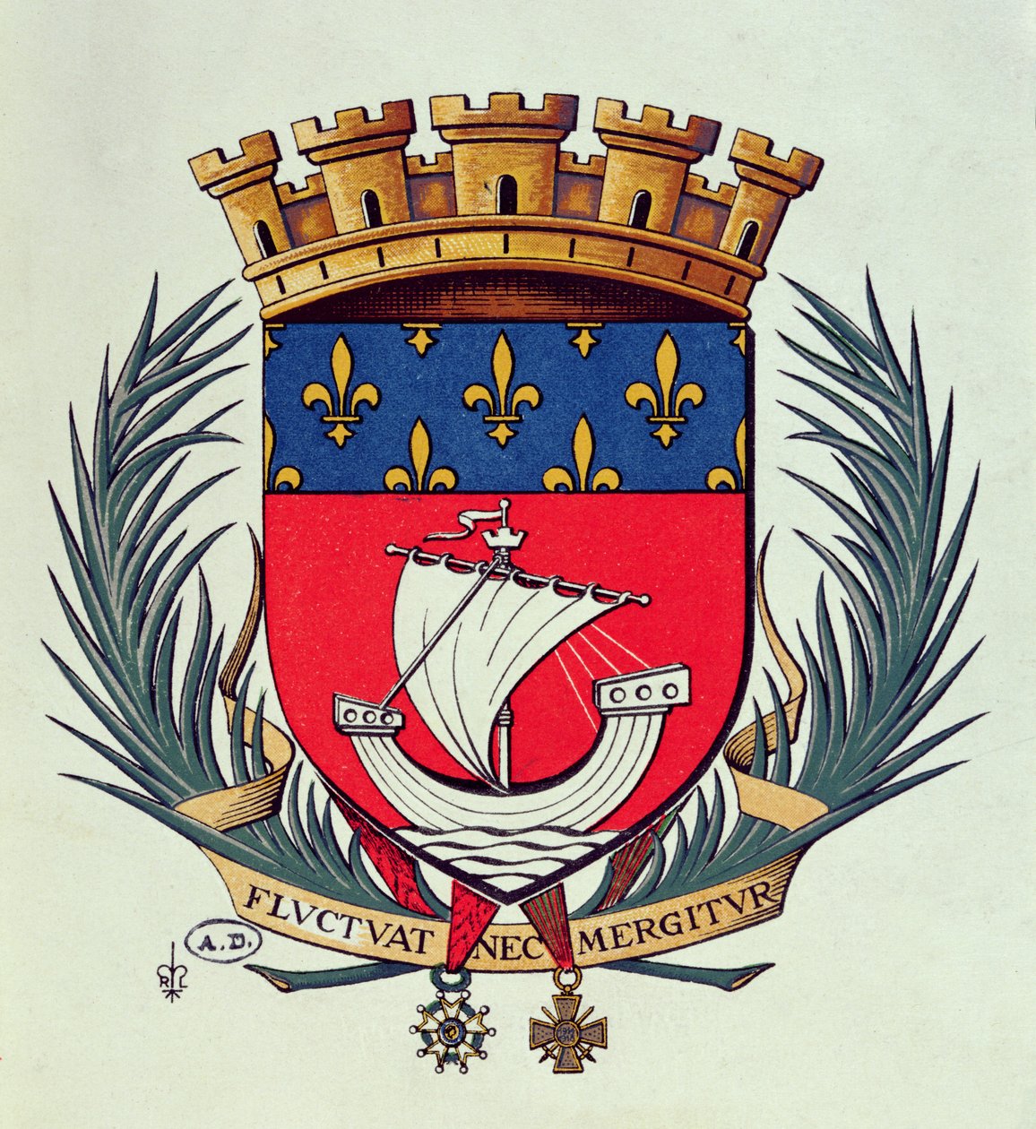 Sloganı Fluctuat Nec Mergitur ile Paris şehrinin arması (dalgaların savurduğu o batmaz) by French School