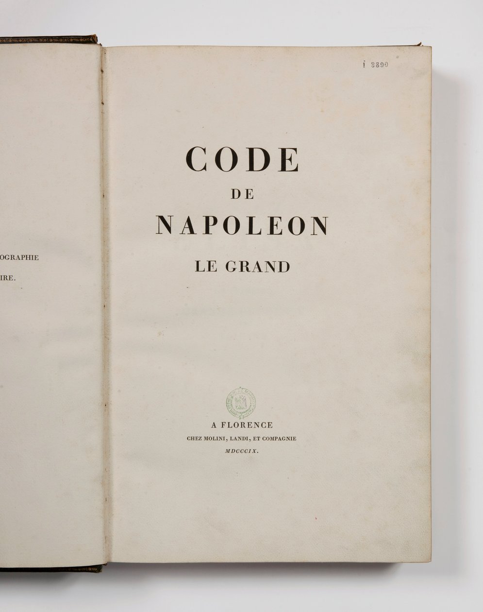 Büyük Napolyon Kanunu, başlık sayfasında açık, yayınlanmış Florence, Molini, Landi et Cie, 1809 by French School
