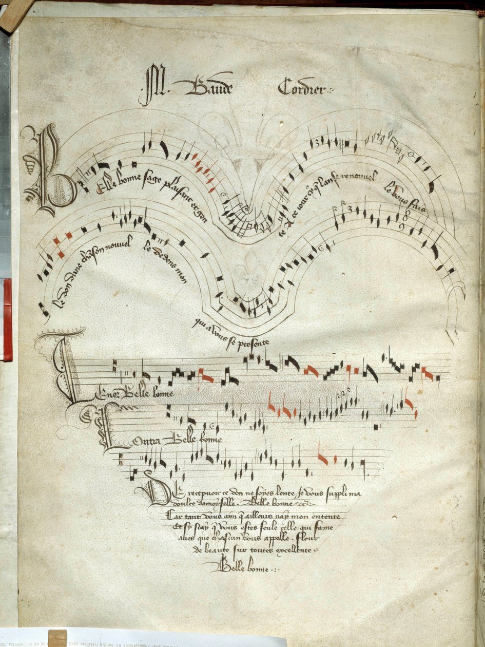 Baladlar, motifler ve şarkılar koleksiyonu Baude Cordier (1380-1440) tarafından siyah ve mavi kırmızı notalara sahip müzik sayfası, 15. yüzyılın başı için notalar. Chantilly, Conde Müzesi by French School