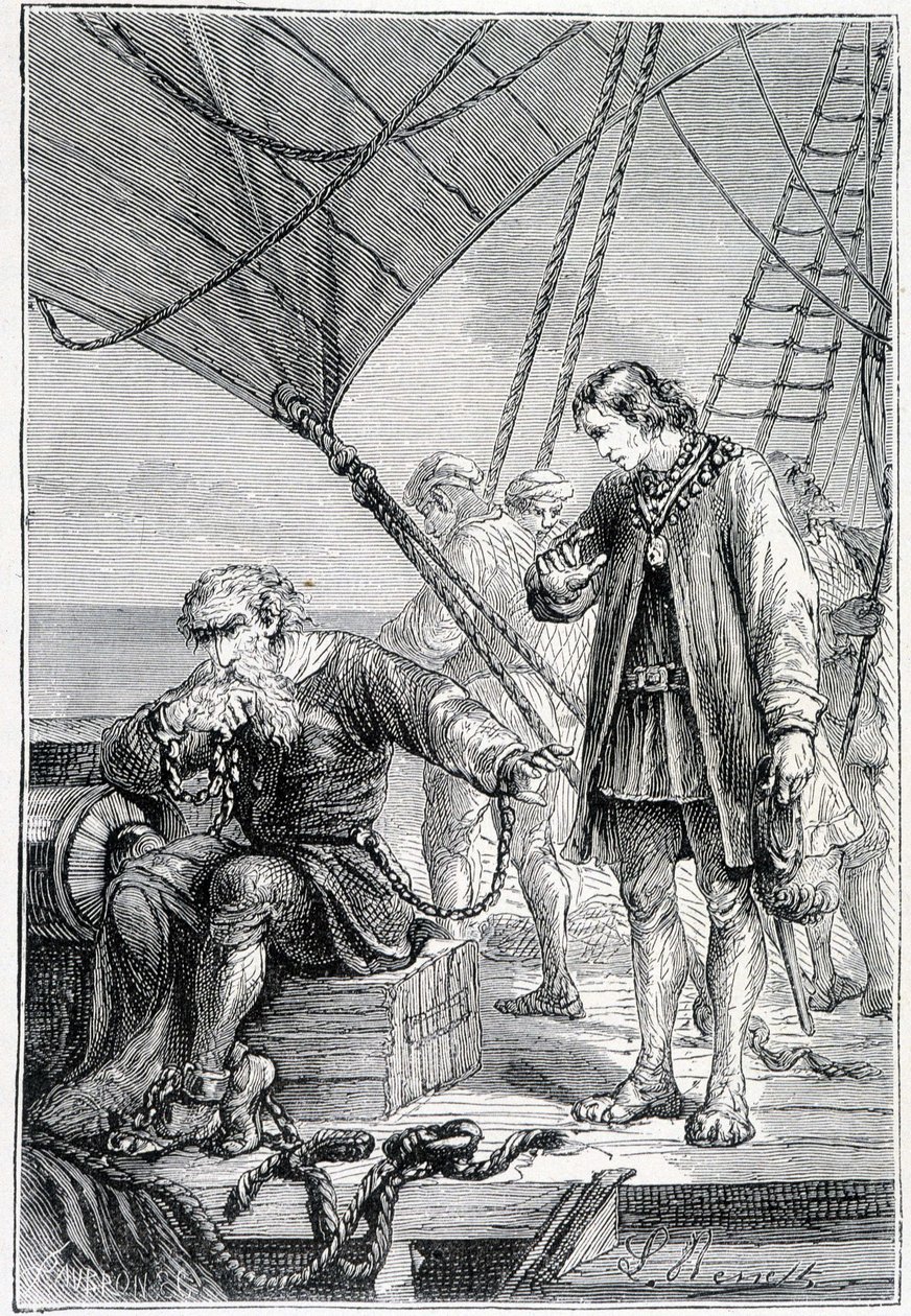 Kolomb kötü adam olarak bağlı (gemi güvertesinde), hasta. Jules Verne tarafından “” Discovery de la Terre”, ed. Hetzel, n.d. 19. by French School