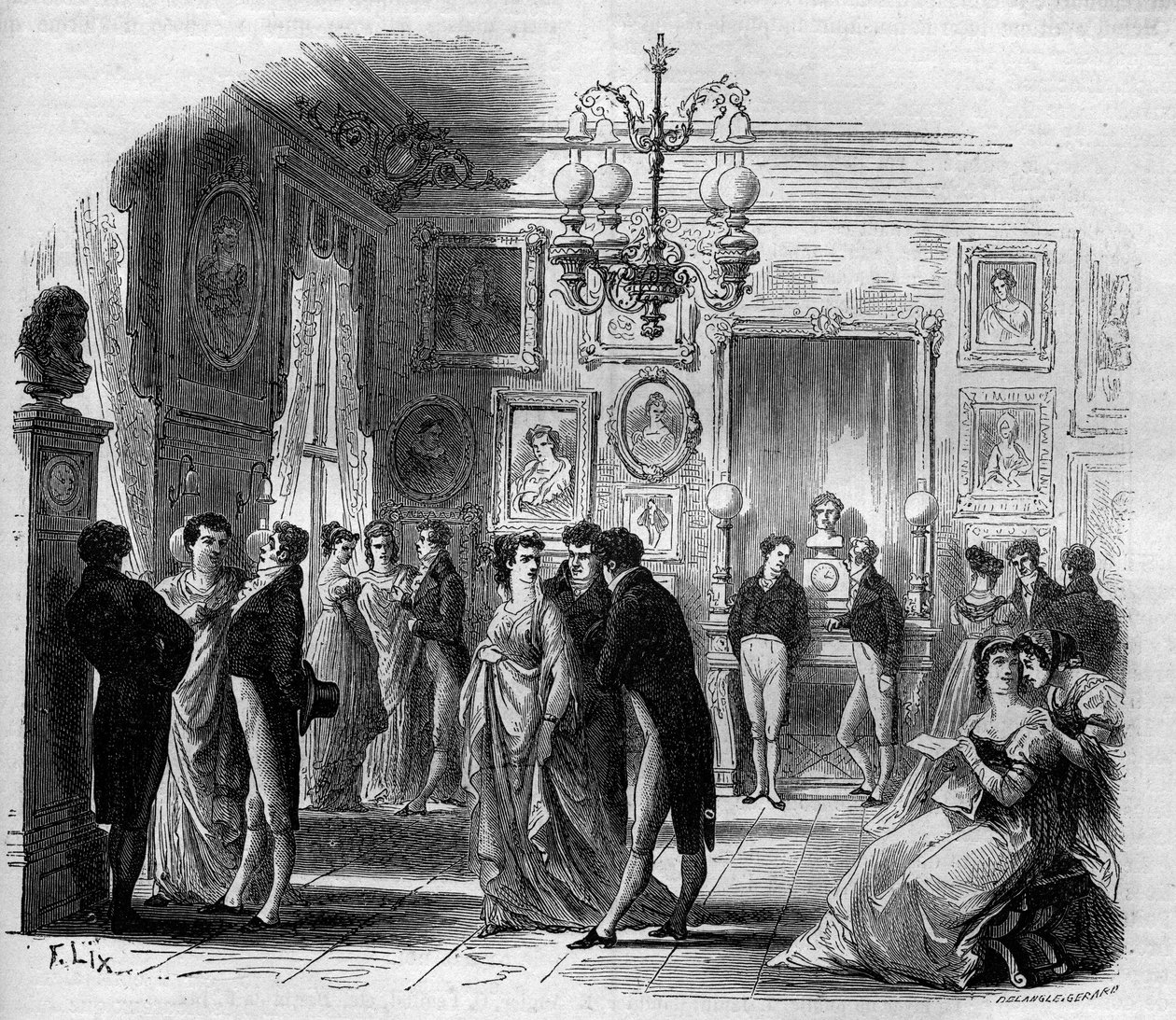 Comedie Francaise: komedyenler Francois-Joseph (Francois Joseph) Talma (1763-1826) ve Anne Boutet, dit Mademoiselle Mars (1779 - 1847), Fransız komedyen ile sanatçıların fuayesinden görünüm. 1867-1868 arası gravür. by French School