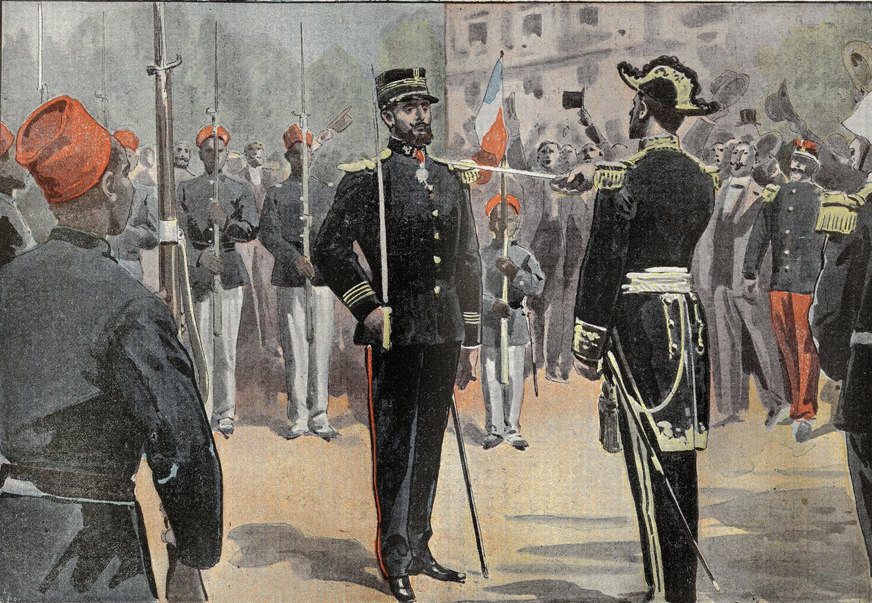 Komutan Jean-Baptiste Marchand (1863-1934), 30 Mayıs 1899'da Toulon'da Amiral de La Jaille'in (1836-1925) elinden, Afrika keşif misyonunun Senegalli binicilerini kuşatan Legion of Honor komutanının kravatını aldı. (Görev yürüyüşü by French School