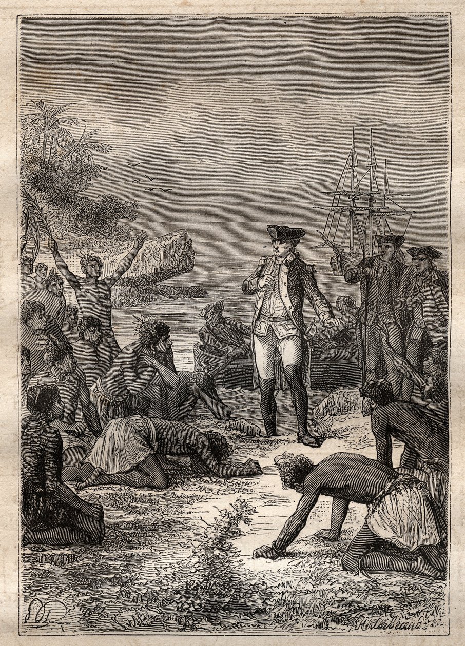 Cook'un yerliler tarafından kabulü - James Cook'un üçüncü yolculuğu - Yerliler tarafından karşılanan Cook - James Cook'un Pasifik Okyanusu'ndaki üçüncü yolculuğu - Jules Verne tarafından “18. Yüzyılın Büyük Denizcileri”nden alınan çizim by French School