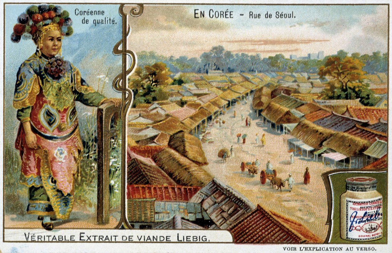 Coree: Seul Sokağı ve kadın kostümü - chromo Liébig, v.1900 by French School