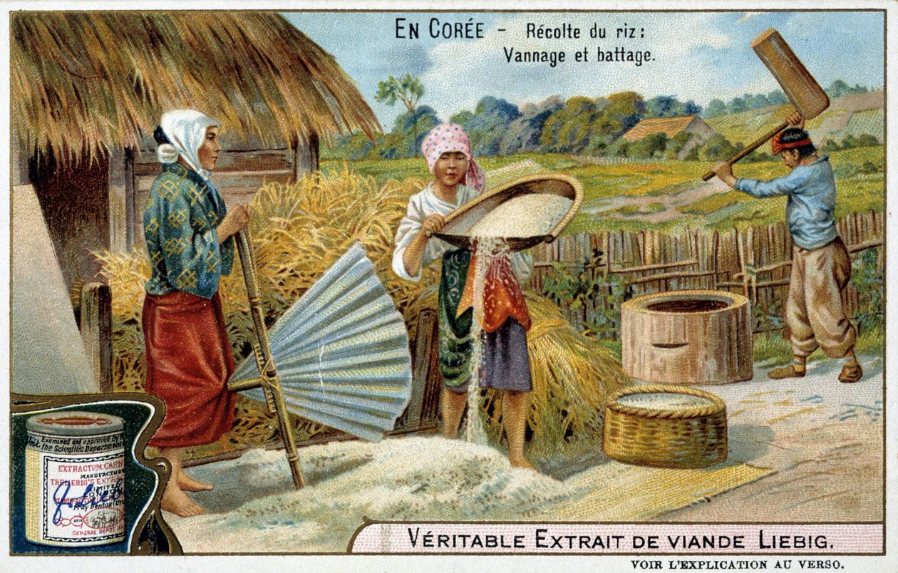 Coree: pirinç hasadı, dokuma ve harman - kromo. Liébig, v.1900 by French School