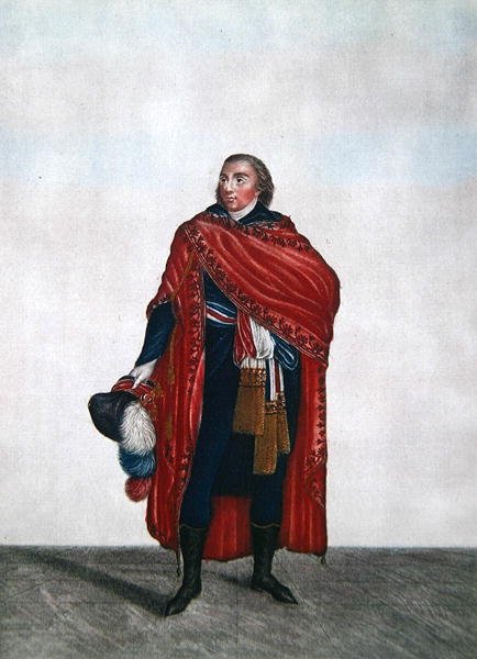 Directoire döneminde halk temsilcisi kostümü, c.1797 (renkli gravür) by French School