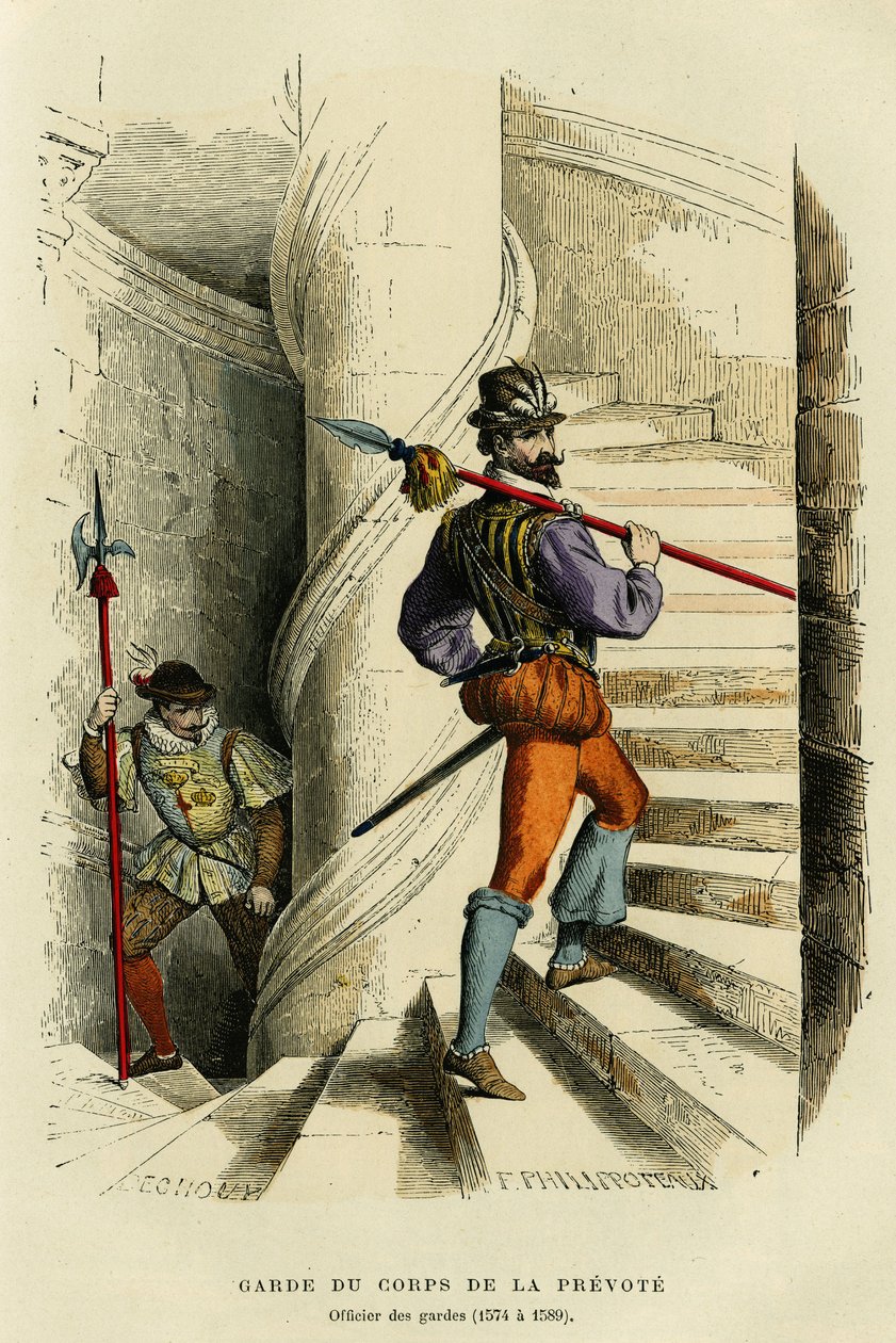 Ön oylamanın korumasının kostümü, ardından bir gardiyan subayı (1574 ve 1589). Renkli gravür, “France et les francais a travers les siecles”, Augustin Challamel, F.Roy editörü, Paris 1882. Selva Collection. by French School