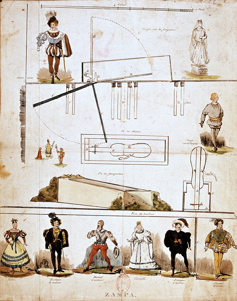 Ferdinand Herold'un (1791-1833) “Zampa veya Mermer Gelin” operası için kostümler ve setler by French School
