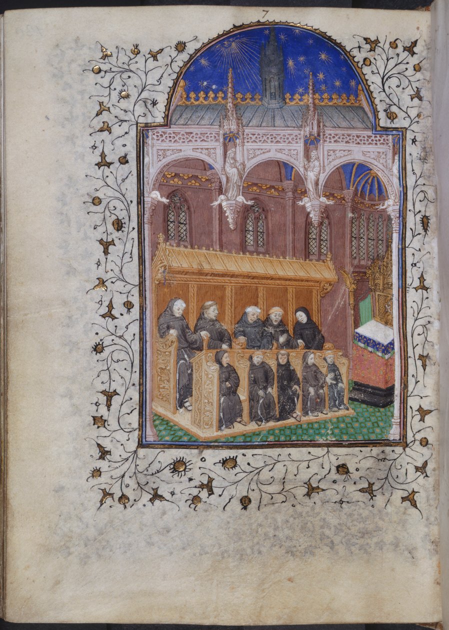 Cott Dom A XVII f.122v Bir koroda şarkı söyleyen siyah cüppeli rahipler, Psalter of Henry VI, Paris, c.1420 (parşömen) by French School