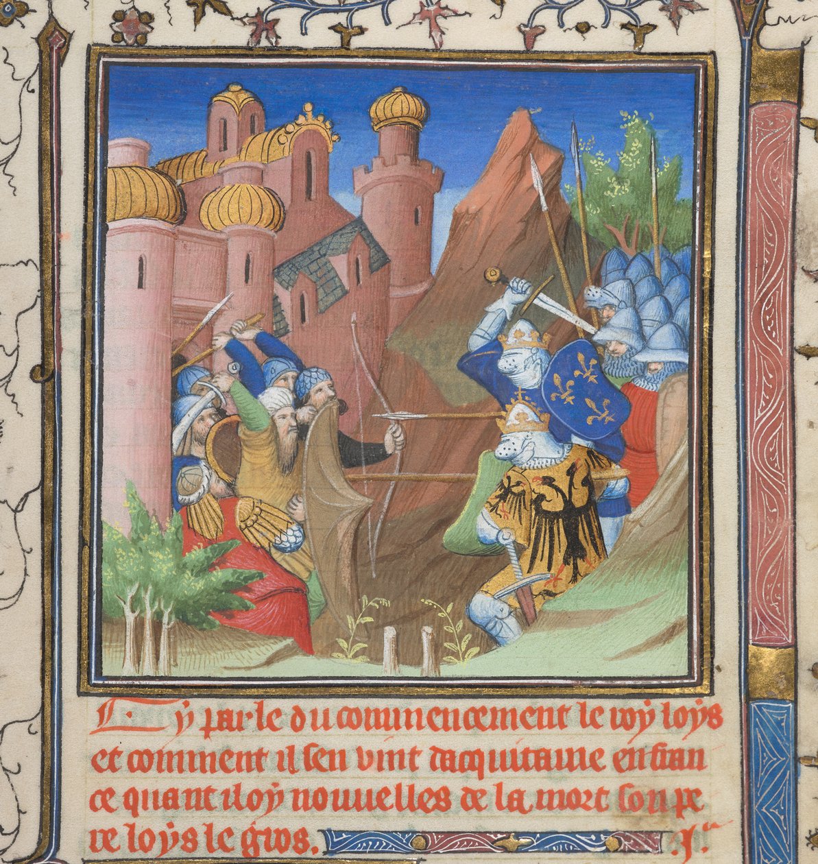Cotton Nero E II pt.1, f.222, Louis VII Savaşı ve babası, Grandes Chroniques de France