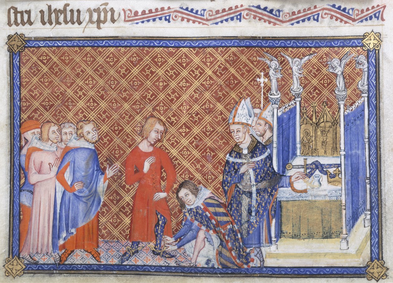 Cotton Tiberius B VIII f.48v Cesur Philip, Burgonya Dükü Spurs ile Kral V. Charles yelek giyiyor, "Master of the Coronation Book"tan bir çizim by French School
