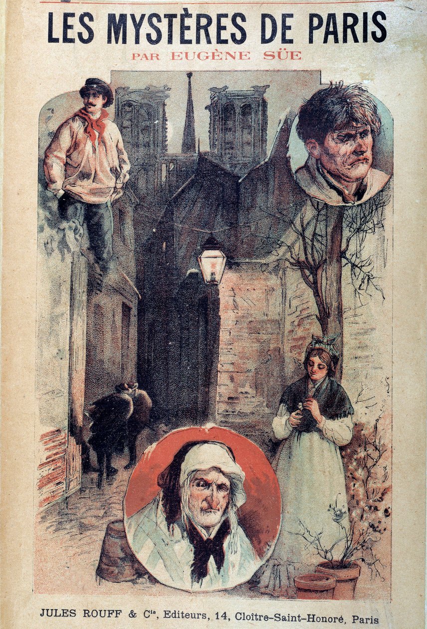 Eugene Sue (1804-1857) tarafından yazılan “Les mysteres de Paris”in kapağı, bir Paris sokak görünümü ve karakterler by French School