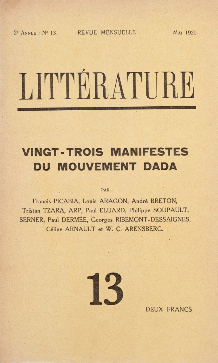 Dada hareketine adanmış aylık Edebiyat dergisinin kapağı, Mayıs 1920 by French School