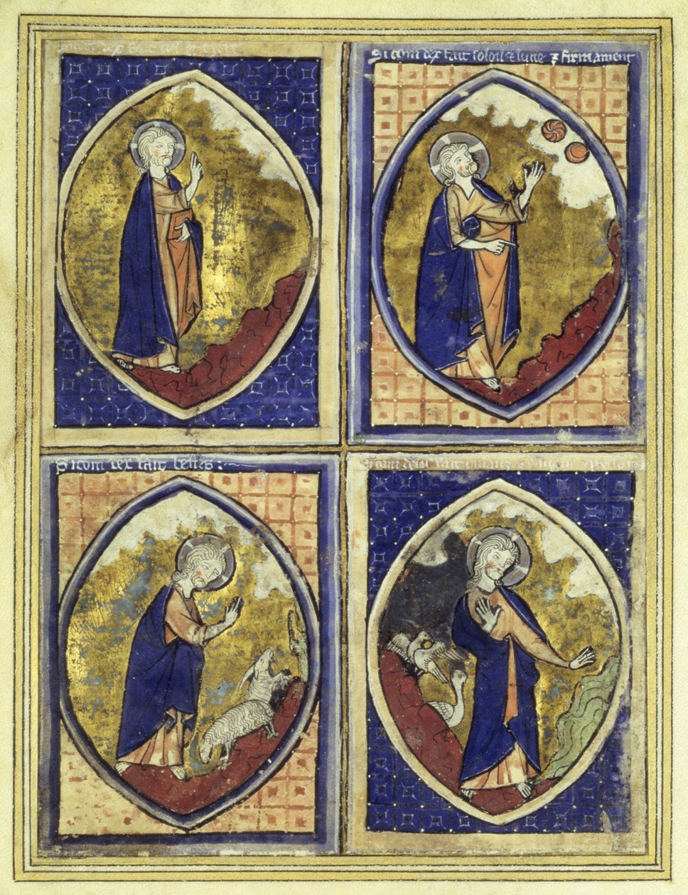 Gök kubbenin yaratılması, güneşin ve ayın yaratılması, hayvanların yaratılması, kuşların yaratılması, 13. yüzyıl sonu by French School