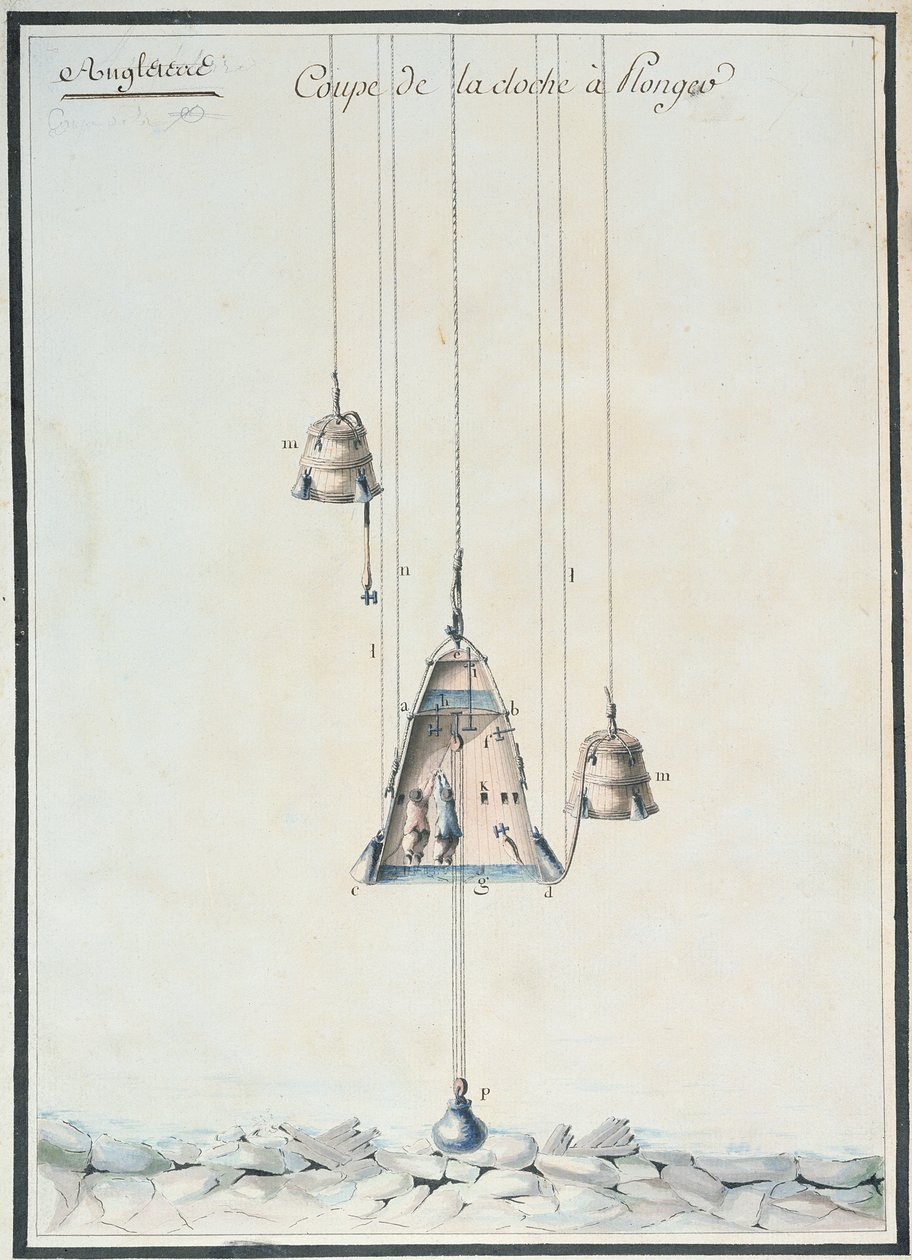 Dalış çanının kesit çizimi, 1785 (kağıt üzerinde wc) by French School