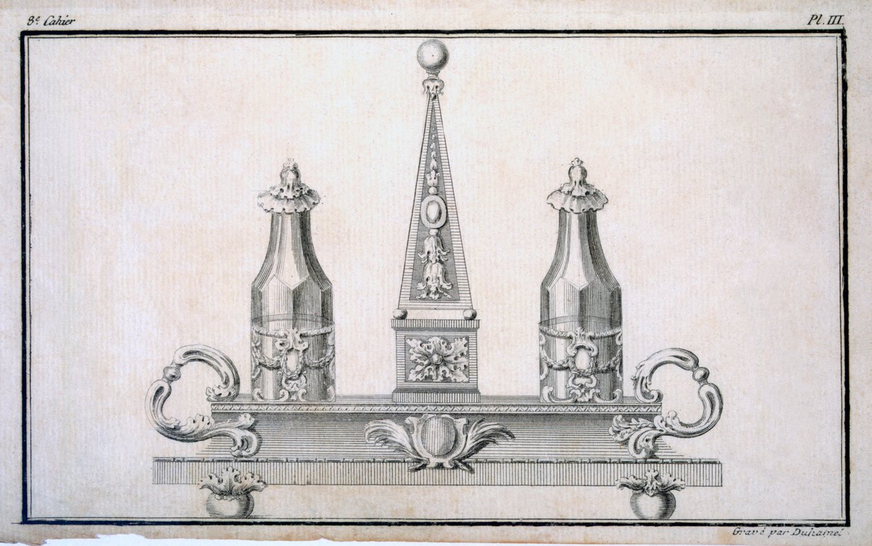Duhamel tarafından bir araya getirilen Neo-klasik metal işçiliği tasarımlarından oluşan bir model kitabından stant üzerinde Cruet, c.1770s-80s by French School