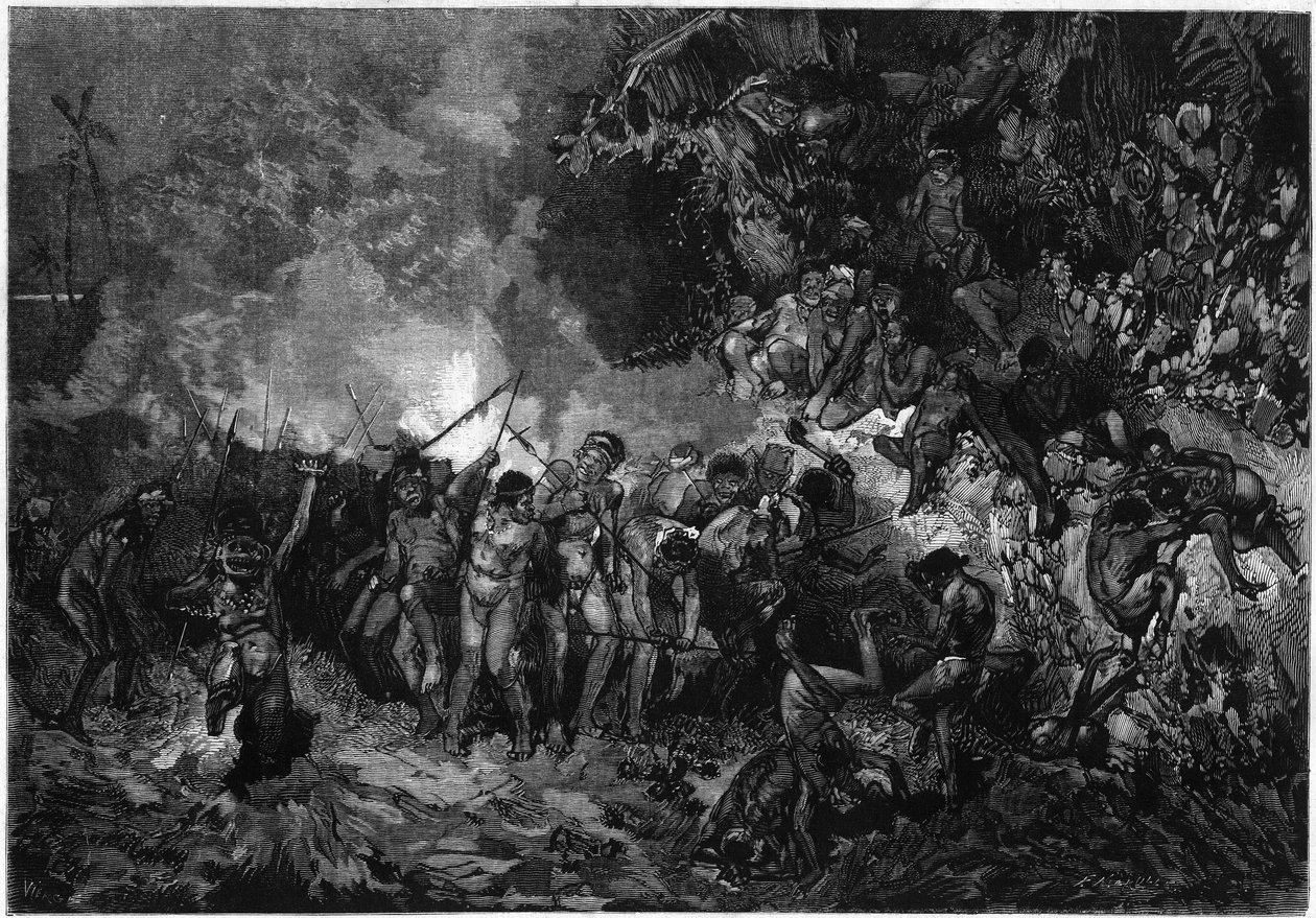 Yeni Kaledonya Geleneği: Pilou pilou (Pilou-pilou), geleneksel Kanak dansı. 27 Ocak 1872 tarihli “Le Monde Illustré” n°772