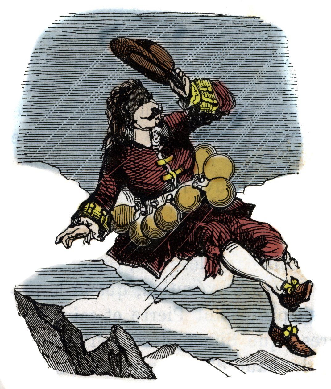 Cyrano de Bergerac, gül şişeleri ve aya yolculuk sayesinde gökyüzünde yükseliyor, Hercules Savinien Cyrano de Bergerac'ın (1619-1655) romanının illüstrasyonu: “” Öteki dünya” by French School