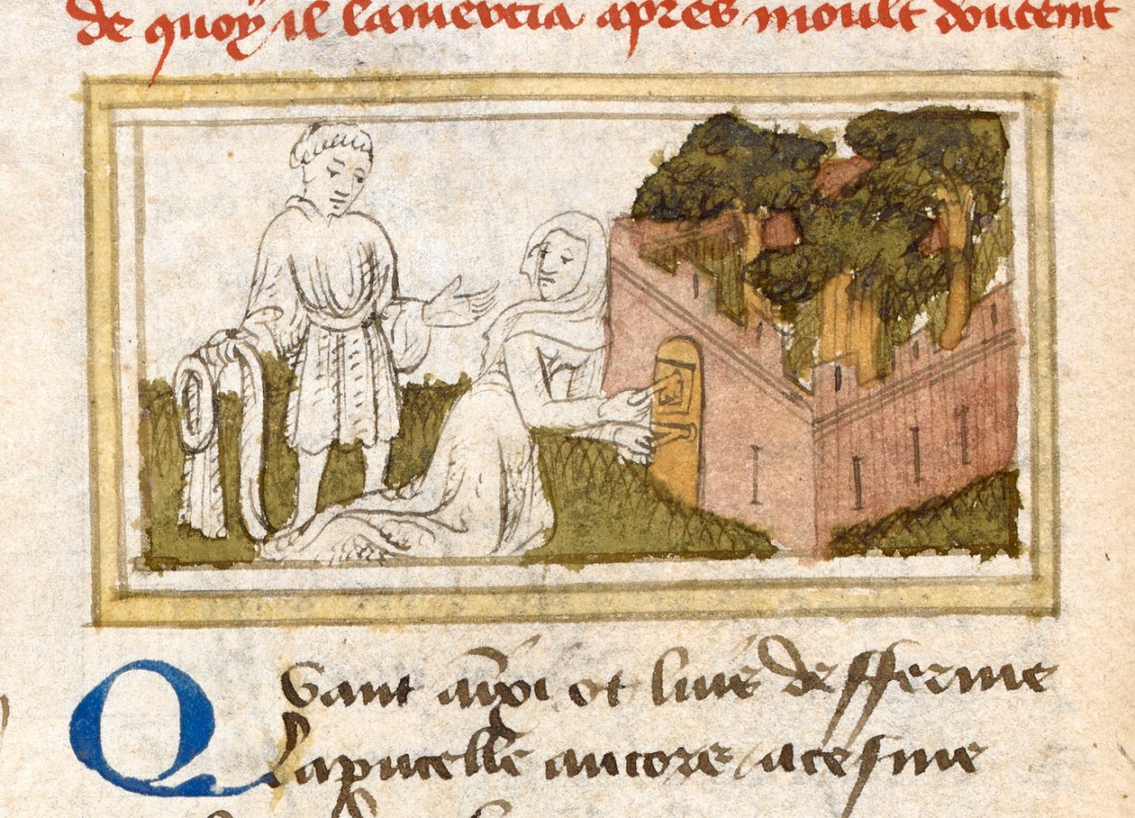 Dame Oiseuse, 'Le Roman de la Rose' c'den Sevgiliyi Zevkler Bahçesi'ndeki kapılardan kabul ediyor. 1400. by French School