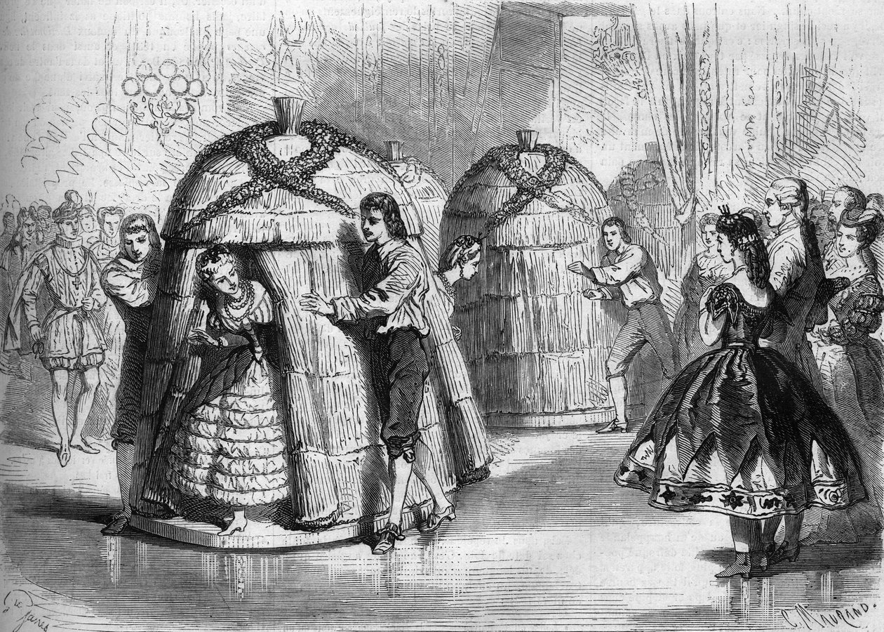 Impress Eugenie de Montijo tarafından verilen kostüm balosunda dans gösterisi: “Kurdeşenlerin gelişi”. Kovanlardan dört arı dansçısı çıkar. 14 Şubat 1863 tarihli “Le Monde Illustré” n°305