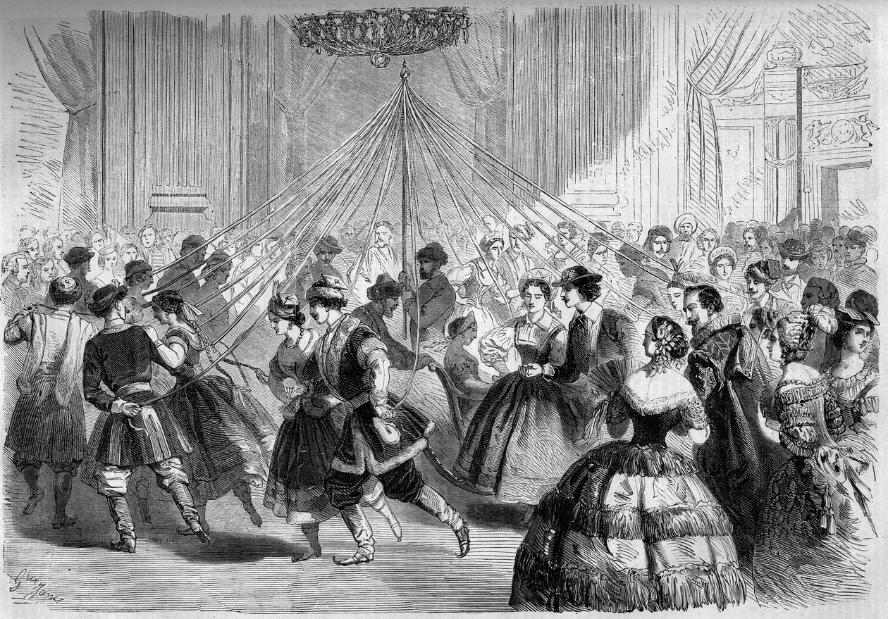 Dans: patenci ızgarası. Dansçılar, ucu bir dairenin ortasında bir Mayıs bitkisine bağlı bir kurdele tutarlar. 1861