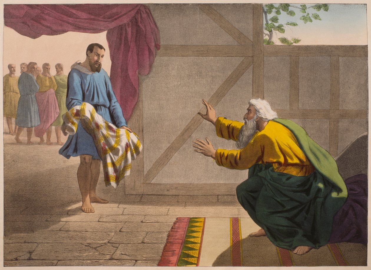 David, Saul'a giysilerinin bir parçasını gösteriyor, Charles Delagrave tarafından yayınlanan 'L'Histoire Sainte' ilmihalinden bir örnek, 19. yüzyılın sonlarında Paris (renkli taş) by French School