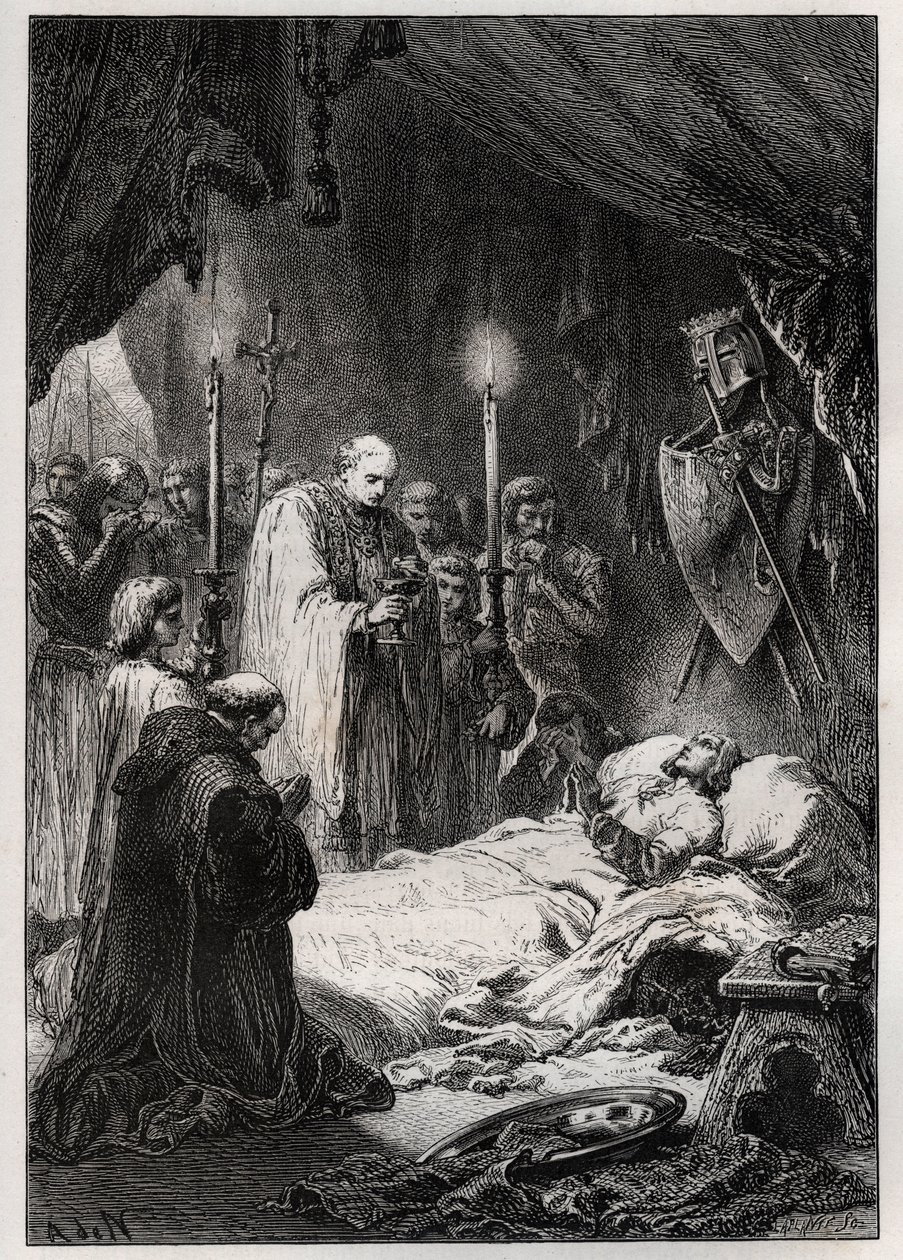 Saint Louis a Tunus'un 25 Ağustos 1270'te Ölümü - St Louis'in Ölümü”” (7. Haçlı Seferi sırasında, 25 Ağustos 1270'de) - “” L'histoire de France racontee a mes grandenfants”dan gravür - Francois Guizot - 1872 -1876 by French School