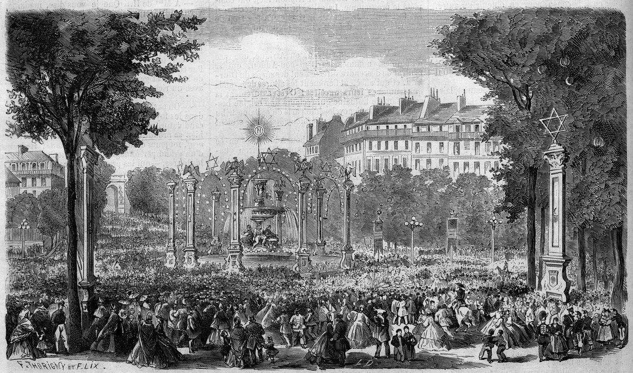 15 Ağustos ziyafeti için Paris'teki Rond Point des Champs Elysees'nin dekorasyonu by French School