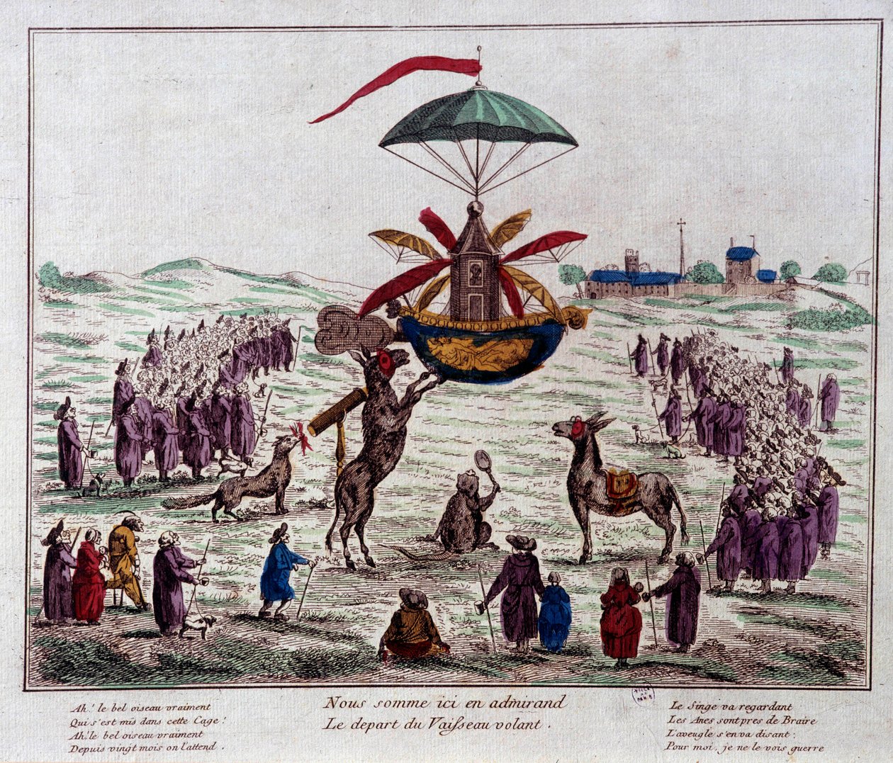 Jean-Pierre Blanchard (1753-1809) tarafından hayal edilen uçan makinede hiciv uçan gemiden ayrılırken: eşekler, maymunlar ve altı kanatlı ve bir dümenle donatılmış garip makineye kör bir bakış. 18. yüzyılın sonundan gravür. Paris, Musee Carn by French School