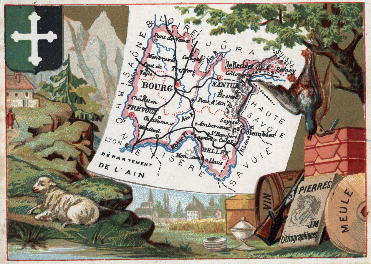 Ain Departmanı (01), Rhone-Alpes (Rhone Alpes), Fransa. Yerel uzmanlık: üreme, avcılık, şarap, taşlama taşı ve litografi. Fransız Departmanları Üzerine Diziler. Kromolitografi (Chromo) 1920 dolaylarında “coğrafi konu””. Özel koleksiyon. by French School