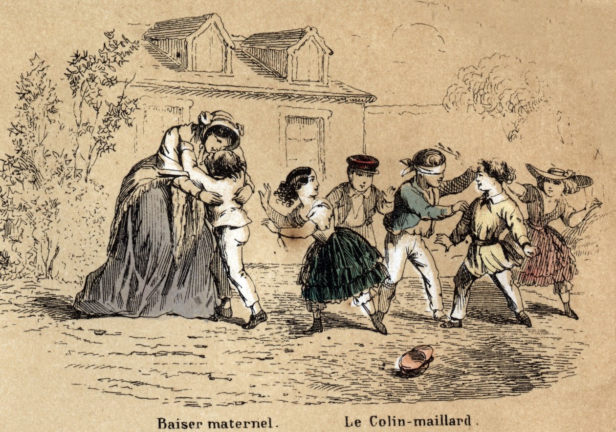 Beş duyunun tanımı: dokunma, anne teması için çocuğuna sarılan bir anne ve collin-aillard oyunu. “Les Recreations instructives”” içindeki “Les cinq sens”” levhası Jules Delbruck